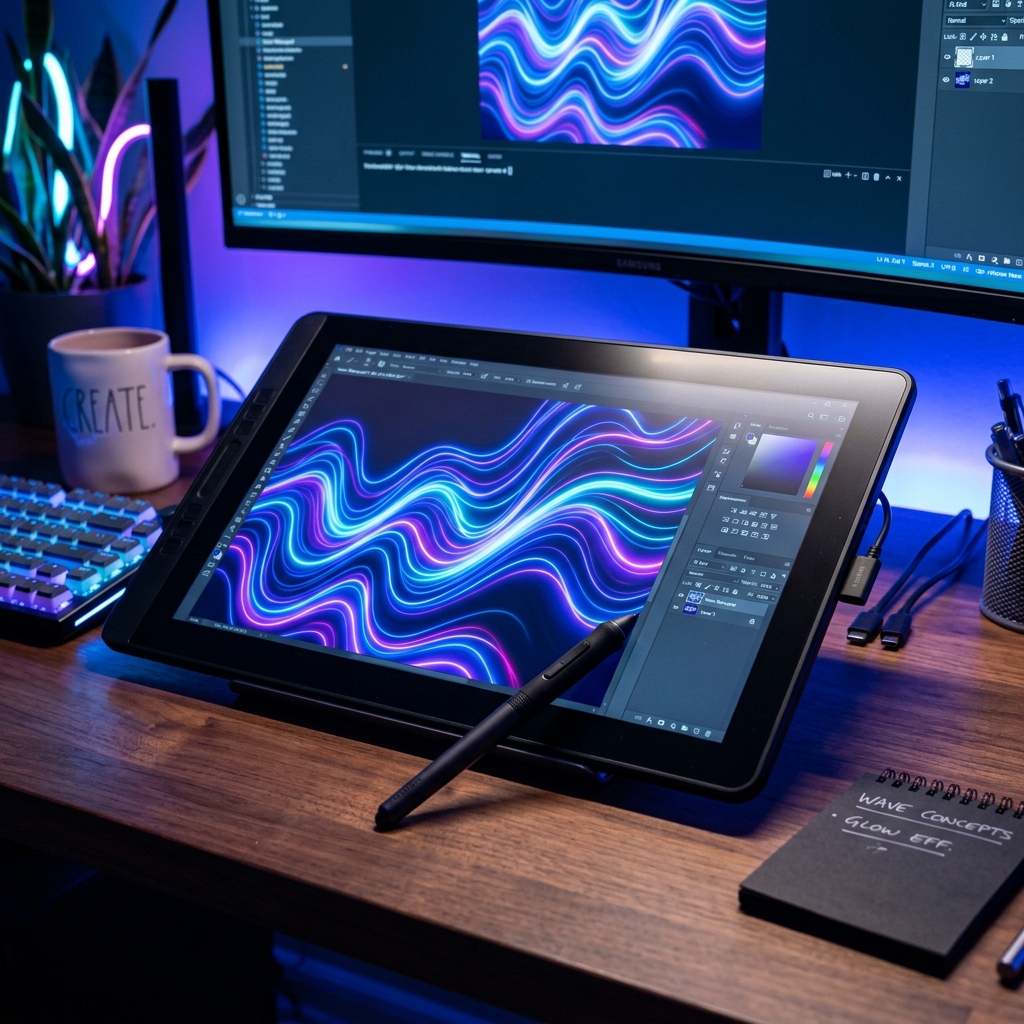 A close-up of a graphic designer's hands using a drawing tablet and digital stylus to sketch an abstract wave shape on a screen