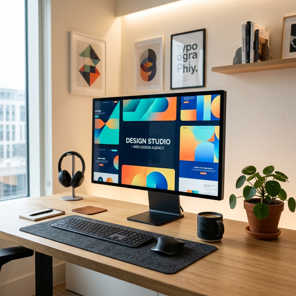 A modern creative design studio workspace with desk, large monitor showing abstract art, and plants